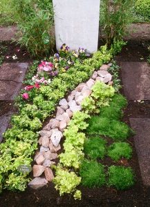 Dauergrüne Grabbepflanzung mit Moos, Euonymus und Steinen