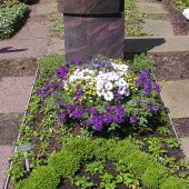 Einzelwahlgrab im Sommer mit bunter Schale