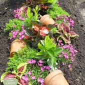 Sommerbepflanzung mit zusätzlicher Dekoration mit Tontöpfen